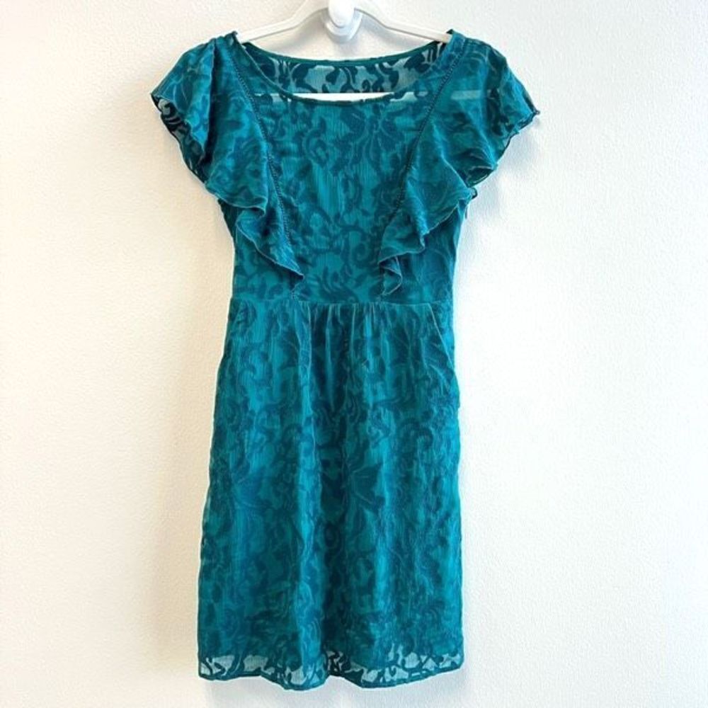 Moulinette Soeurs by Anthropologie Womens 0 Green Blue Flutter Sleeve Midi Dress
